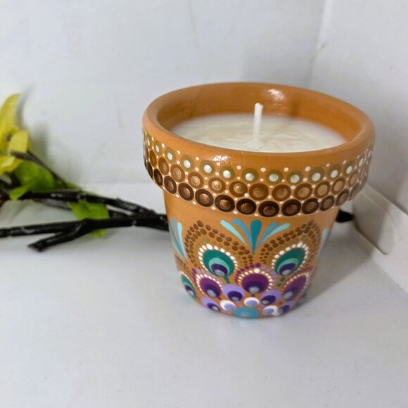 Mandala Colorfully Designed Hand Painted Terra Cotta Candle in Lavender Scent - Picture 3 of 5